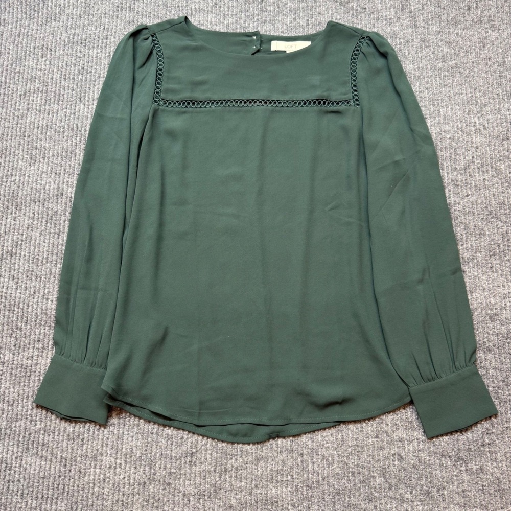 LOFT Green Cutout Blouse Long Sleeve Relaxed Fit Boho Peasant Top Womens MP